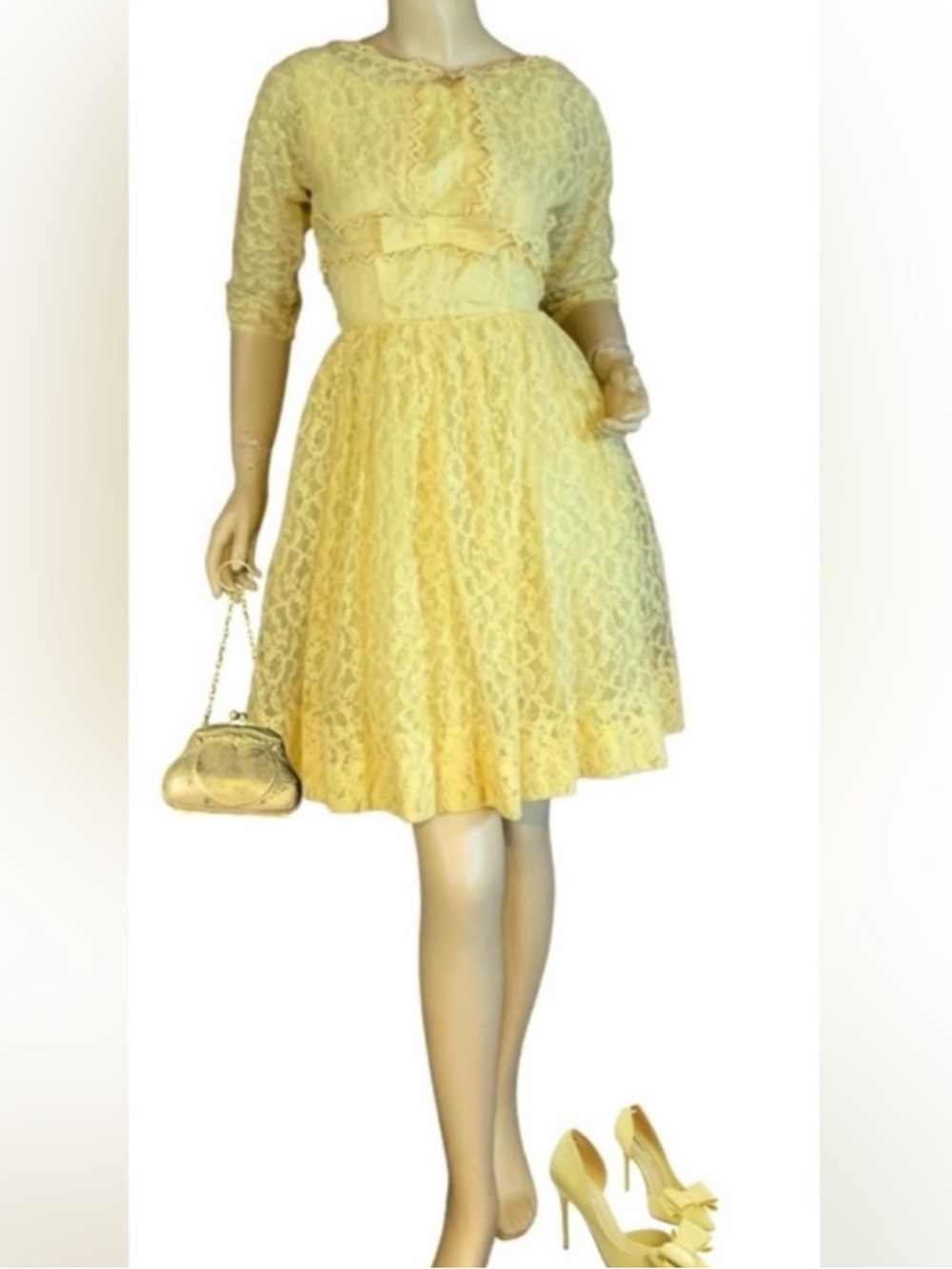 VINTAGE 1950'S YELLOW LACE PARTY DRESS WITH MATCHING BOLERO JACKET (S)